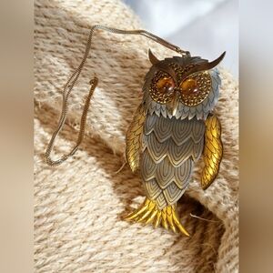 Vintage Gold and Silver Owl Pendant Necklace With Amber Eyes